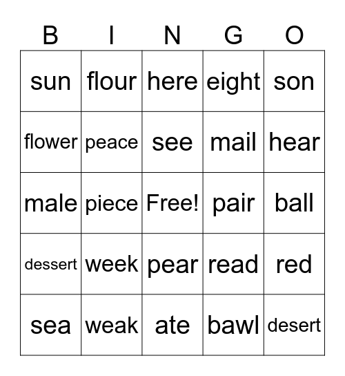 Homophones Bingo Card