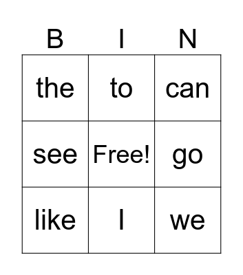 Sight Words 1-10 Bingo Card