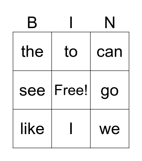 Sight Words 1-10 Bingo Card