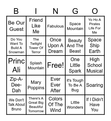 Disney Attractions Bingo Card