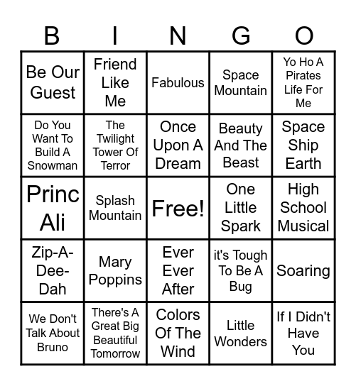 Disney Attractions Bingo Card