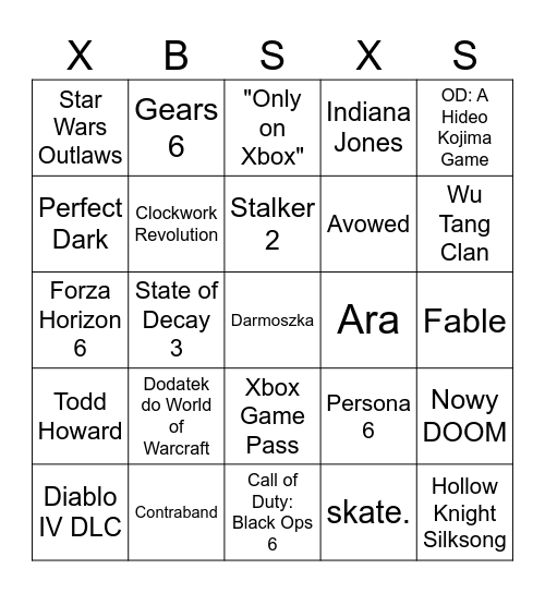 Xbox Games Showcase Bingo Card