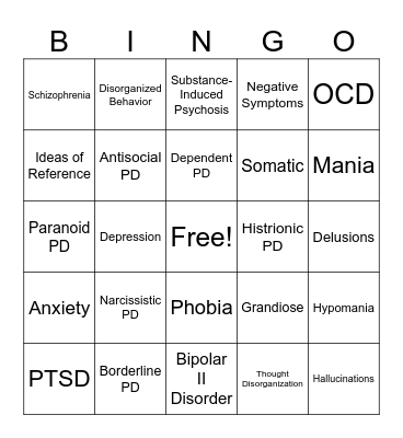 Understanding Mental Illness Bingo Card