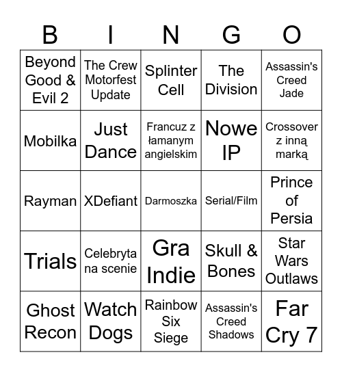 Ubisoft Bingo Card