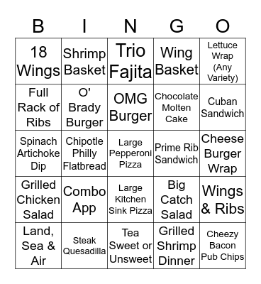 Beef 'O' Brady's Bingo Card