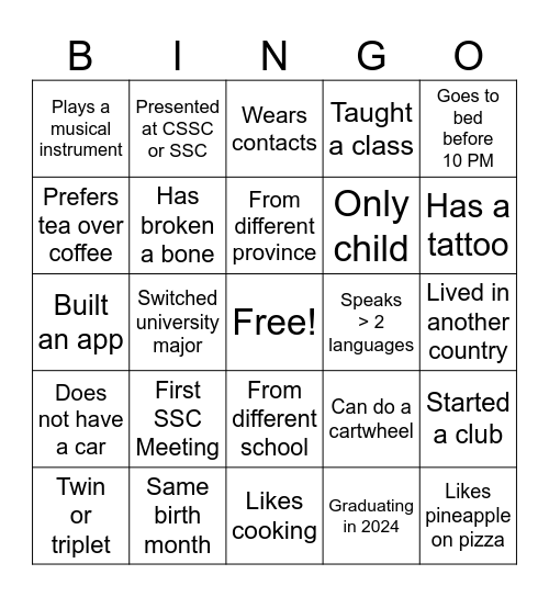 SSC Student BBQ Bingo Card