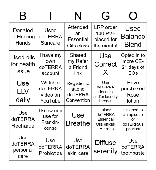 doTERRA Essentials Bingo Card
