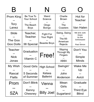 School Days Bingo Card