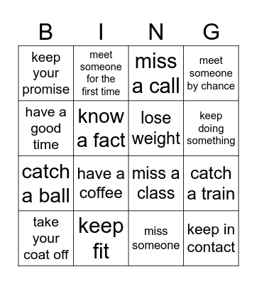 Common verb combinations Bingo Card