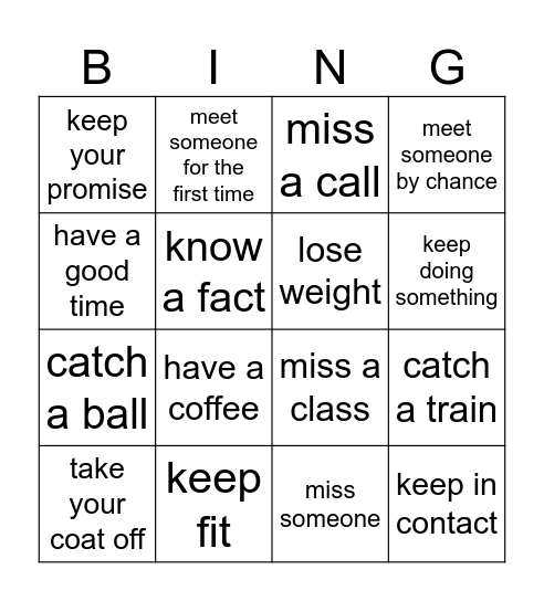 Common verb combinations Bingo Card