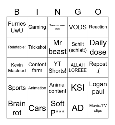 YT bongor Bingo Card