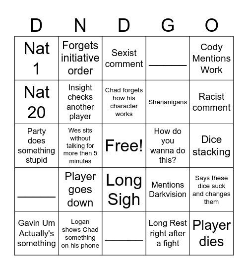 DNDGO Bingo Card