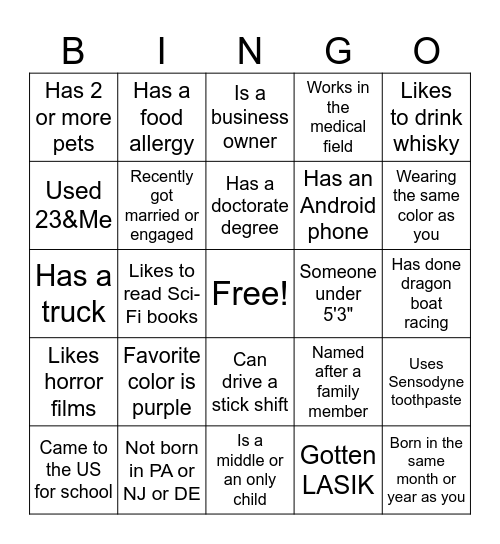 Fill out all squares to win. No repeating names Bingo Card