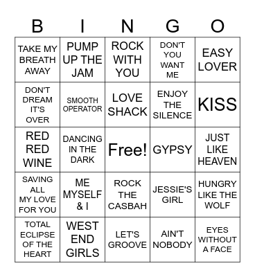 2/19- 80's Hits Bingo Card