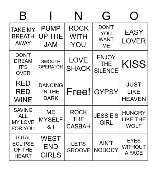 8/14- 80's Hits Bingo Card