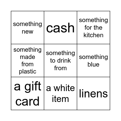 B R I D A L   S H O W E R  B I N G O Bingo Card