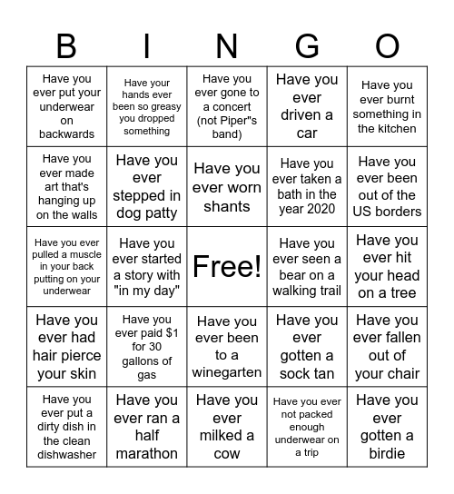 Have You Ever Bingo Card