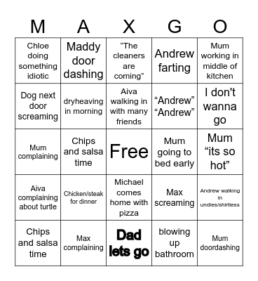 Mum House Bingo Card