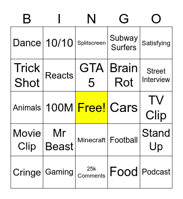 Youtube Shorts Bingo Card