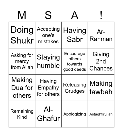 MSA FORGIVENESS Bingo Card