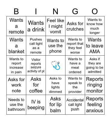 Nurse!! Call Light Bingo Card