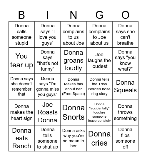Donna's Roast Bingo Card