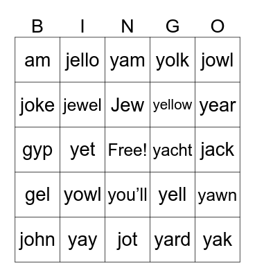 Y and J sounds Bingo Card