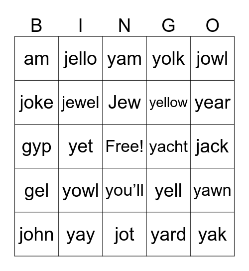 Y and J sounds Bingo Card