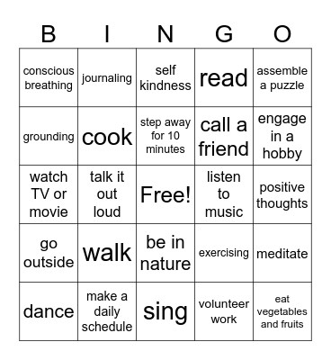 Coping Skills Bingo Card