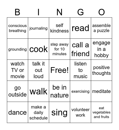 Coping Skills Bingo Card