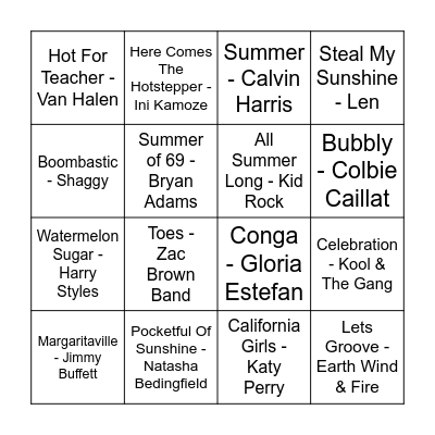 Summer Mix Bingo Card