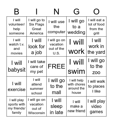 summer plans Bingo Card