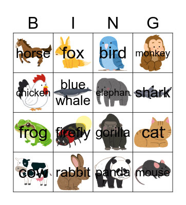 Animals Bingo Card