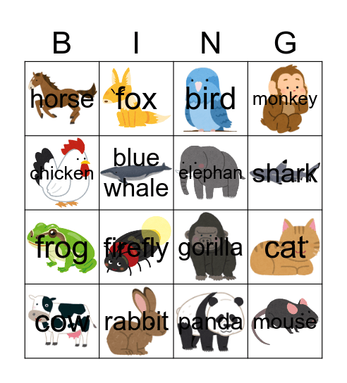 Animals Bingo Card