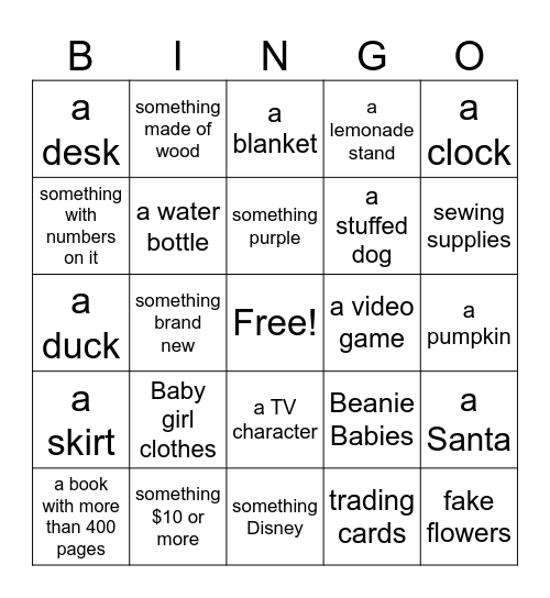 Garage Sale Bingo Card