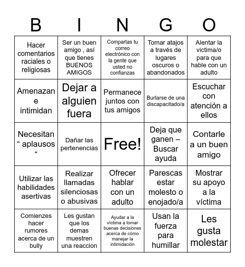 Bingo (Bullying) Bingo Card