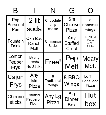 Pizza Hut Up sell Bingo Card