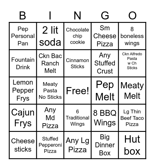 Pizza Hut Up sell Bingo Card