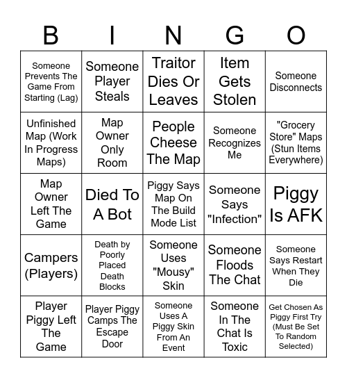 Piggy Build Mode Bingo Card