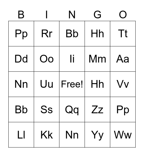 ALPHABET Bingo Card