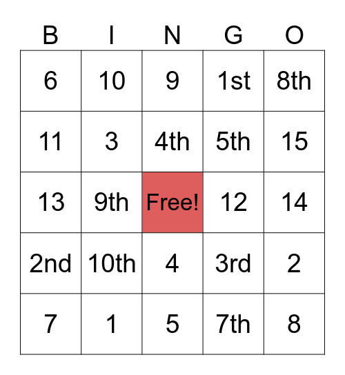 Ordinal and cardinal numbers Bingo Card