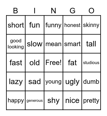 Adjective Bingo Card