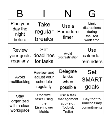 Time Management Bingo Card