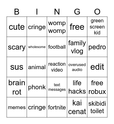 youtube shorts Bingo Card