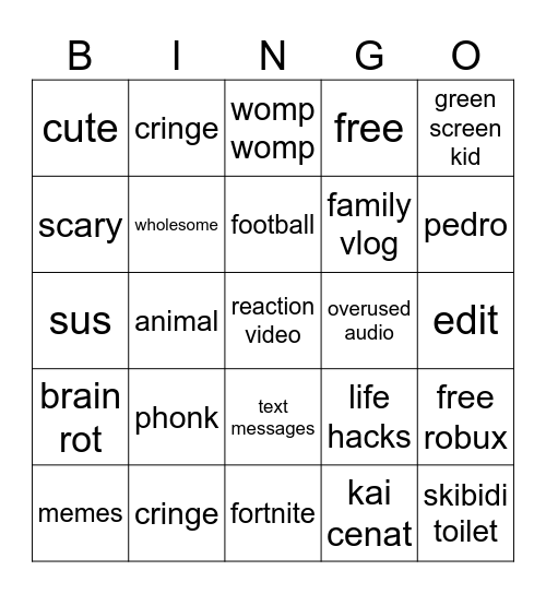 youtube shorts Bingo Card