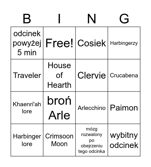 Odcinek o Arle Bingo Card