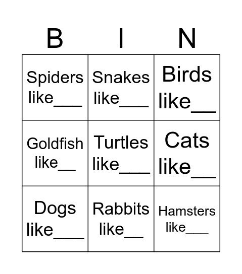 Animals and Actions Bingo Card