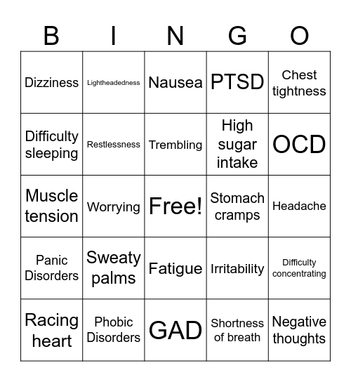 Anxiety Disorders Bingo Card