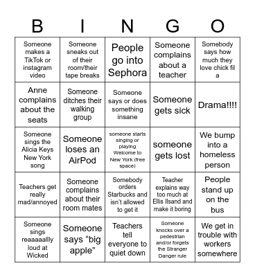 Stuff that might happen on our New York Trip Bingo Card