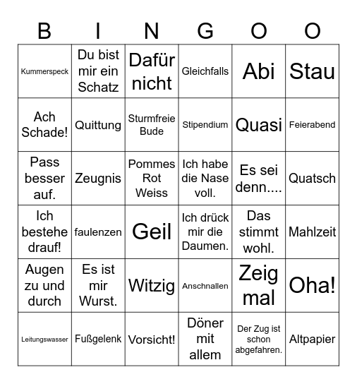 German Phrases Explorica Bingo Card